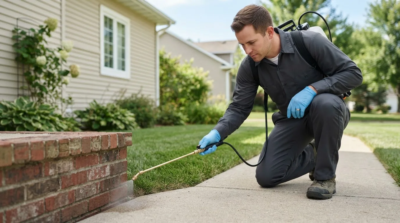 Pest control technician treating a home near Cameron, WV